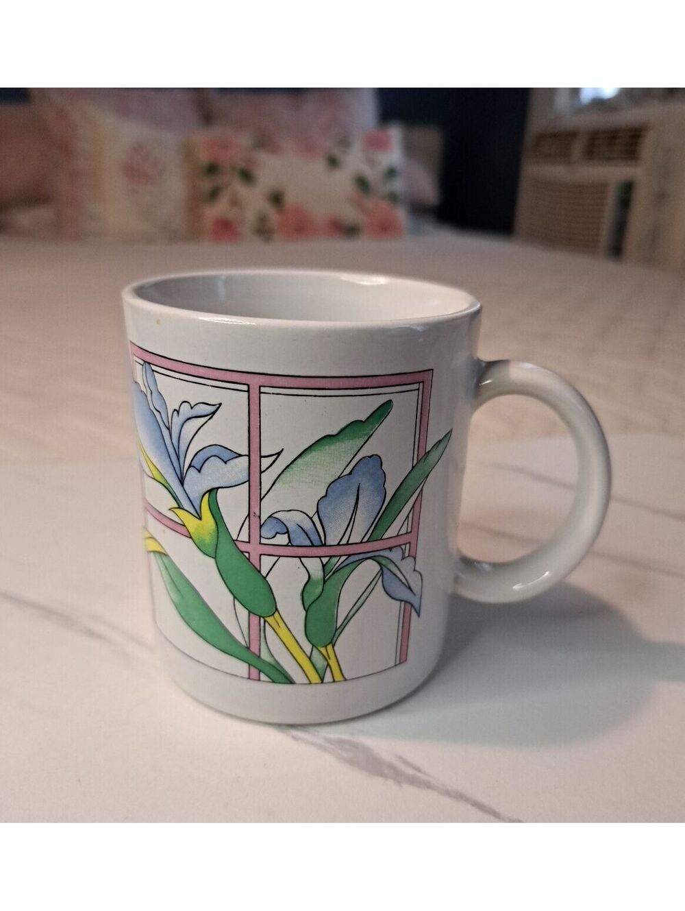 Vintage 80s/90s Ceramic Coffee Mug Blue Iris Flowers In Window Frame Japan